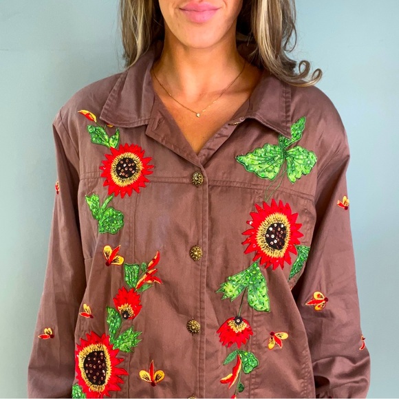 Vintage Jackets & Blazers - Vintage Eclectic Tapestry Patch Sequin Embroidered Sunflower Button Down Jacket